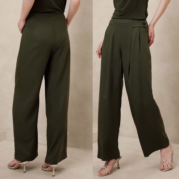 Banana Republic Tencel Pleated Pant Wide Leg Size 6 Steel Olive Green High Waist - Picture 2 of 15